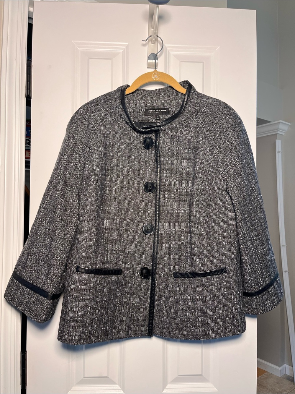 Jones New York Gray Tweed Wool Blend Jacket Leather Trim Size 12
